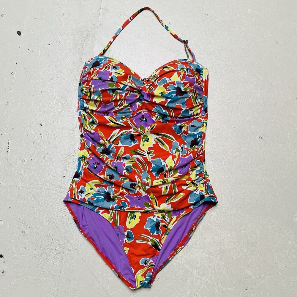 Anne Cole Womens 16 Ruched One Piece Swimsuit Tropic‎ Retro Floral Multicolor